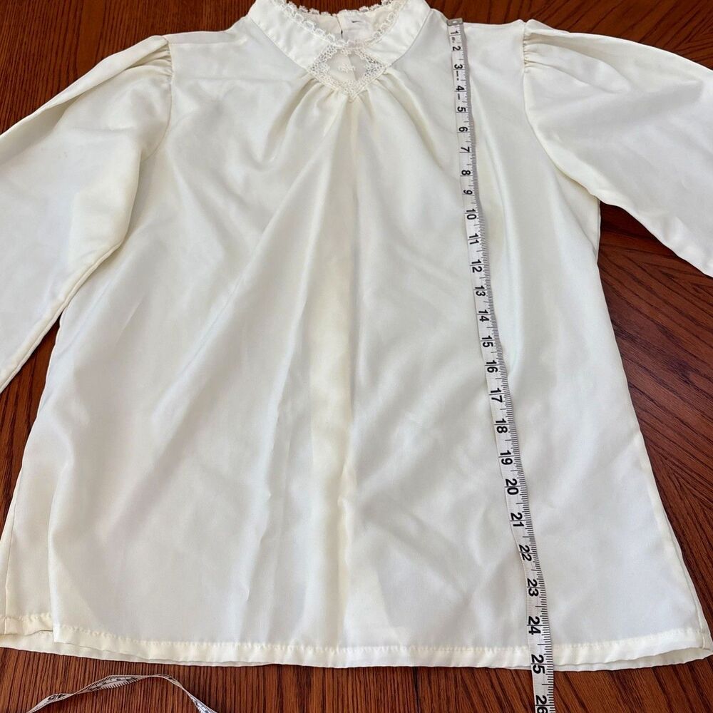 VTG 80s Lady Holiday Ivory Lace High Neck Blouse Bishop Sleeve Secretary Sz Med.